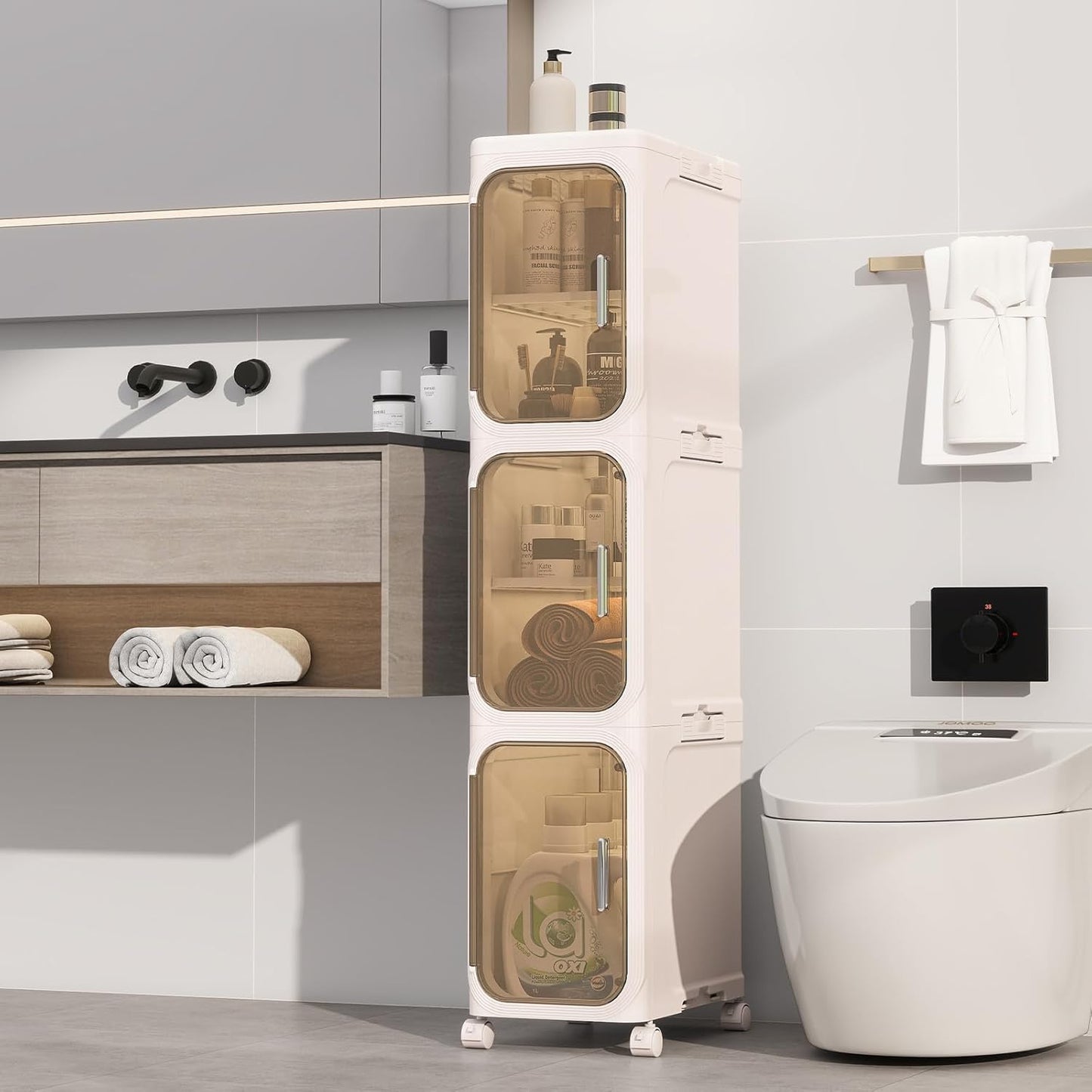 KHNR 4-Tiers Slim Bathroom Storage Cabinet, Foldable Storage Cabinets,Narrow Bathroom Storage,Movable Bathroom Storage Organizer for Small Spaces,Bathroom,Kitchen,Laundry,White