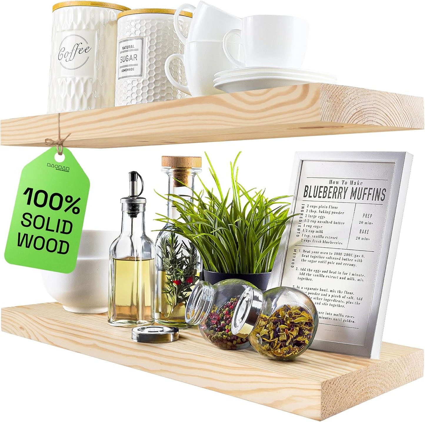 BAOBAB WORKSHOP Wood Floating Shelves Set of 2 - Rustic Shelf 24 inch - Floating Shelf for Wall Mounted - Wide Wooden Wall Shelves for Living Room Bedroom Kitchen Bathroom - Dark Walnut - 24W x 6.7D