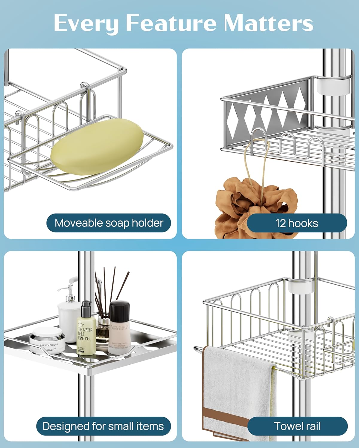 SElRIONE Corner Shower Caddy Tension Pole, Quick Setup, Rust-Free Bathroom Shower Organizer Corner for Bathtub Shampoo Storage, 4-Tier Adjustable Shelf, Drill Free, Fits 34 to 116 Inch Height