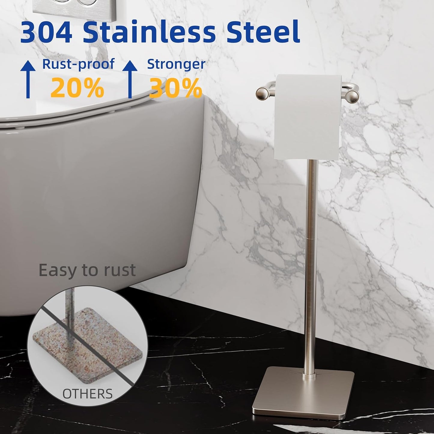 RUACQ Toilet Paper Holder Stand, Bathroom Toilet Paper Roll Holder Free Standing, Toilet Tissue Holder Stand with Post Pivoting Design, Stable Weighted Base, SUS304 Stainless Steel (Brushed Nickel)