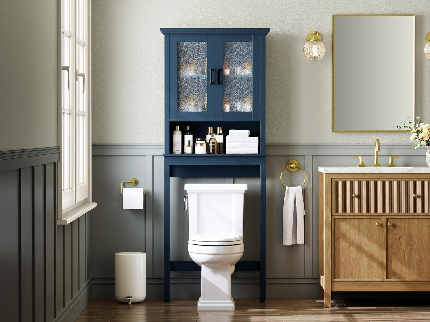 Over The Toilet Storage Cabinet, Over Toilet Storage Bathroom Cabinet with Glass Door and Adjustable Shelf, Above The Toilet Cabinet Behind Toilet Bathroom Organizer, Ultramarine