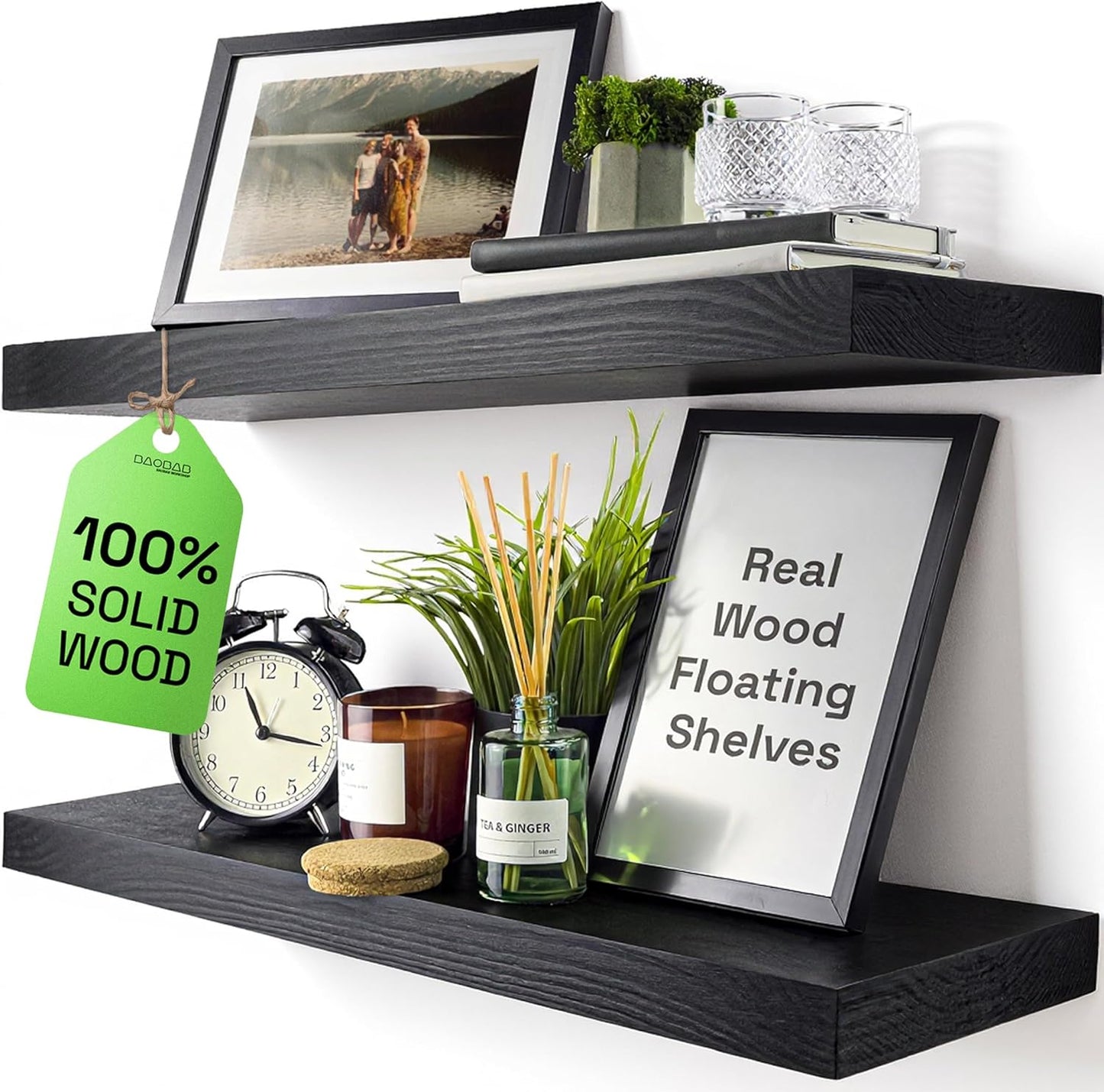 BAOBAB WORKSHOP Wood Floating Shelves Set of 2 - Rustic Shelf 24 inch - Floating Shelf for Wall Mounted - Wide Wooden Wall Shelves for Living Room Bedroom Kitchen Bathroom - Dark Walnut - 24W x 6.7D