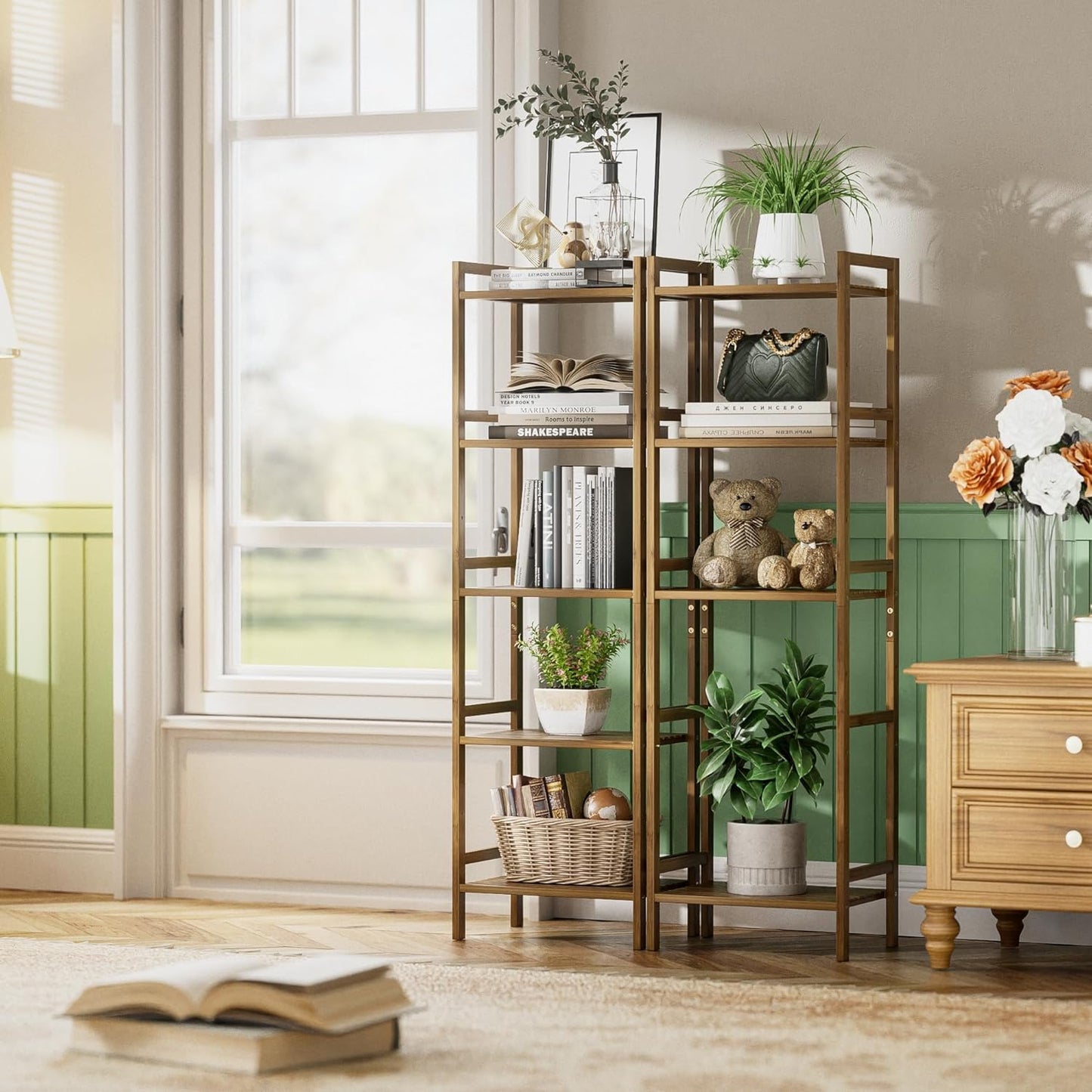 HITNET Bamboo Book Shelf, Tall Narrow Bookcase, Bathroom Shelving Unit 5 Tier Floor Standing Adjustable Bookshelf for Small Spaces, Walnut