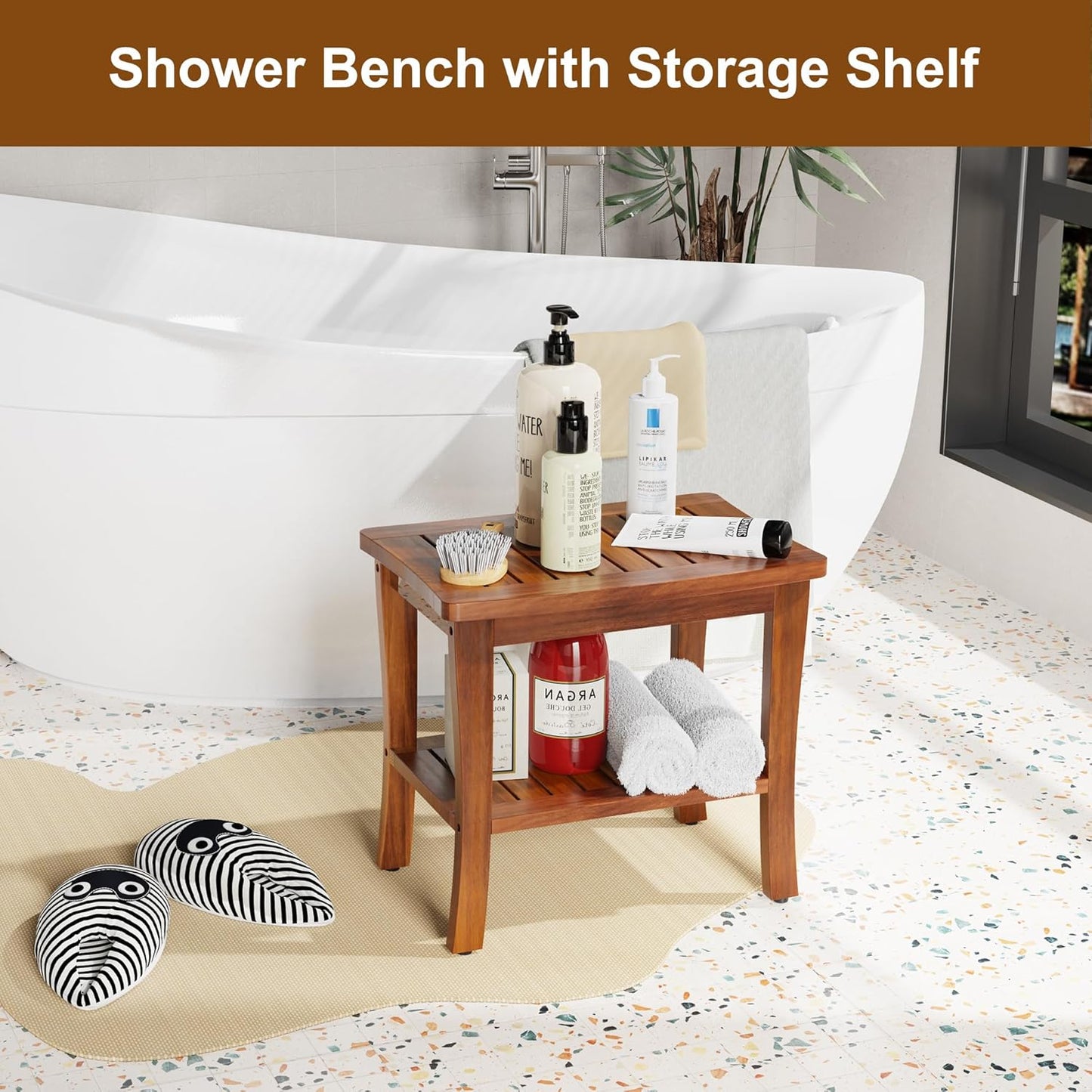 Teak Wood Shower Bench Stool with Storage Shelf, Wooden Waterproof Bathroom Spa Bathing Teak Shower Stool with Non-Slip Feet Gadget 2024 for Indoor or Outdoor Shower Chair Seat Organizer