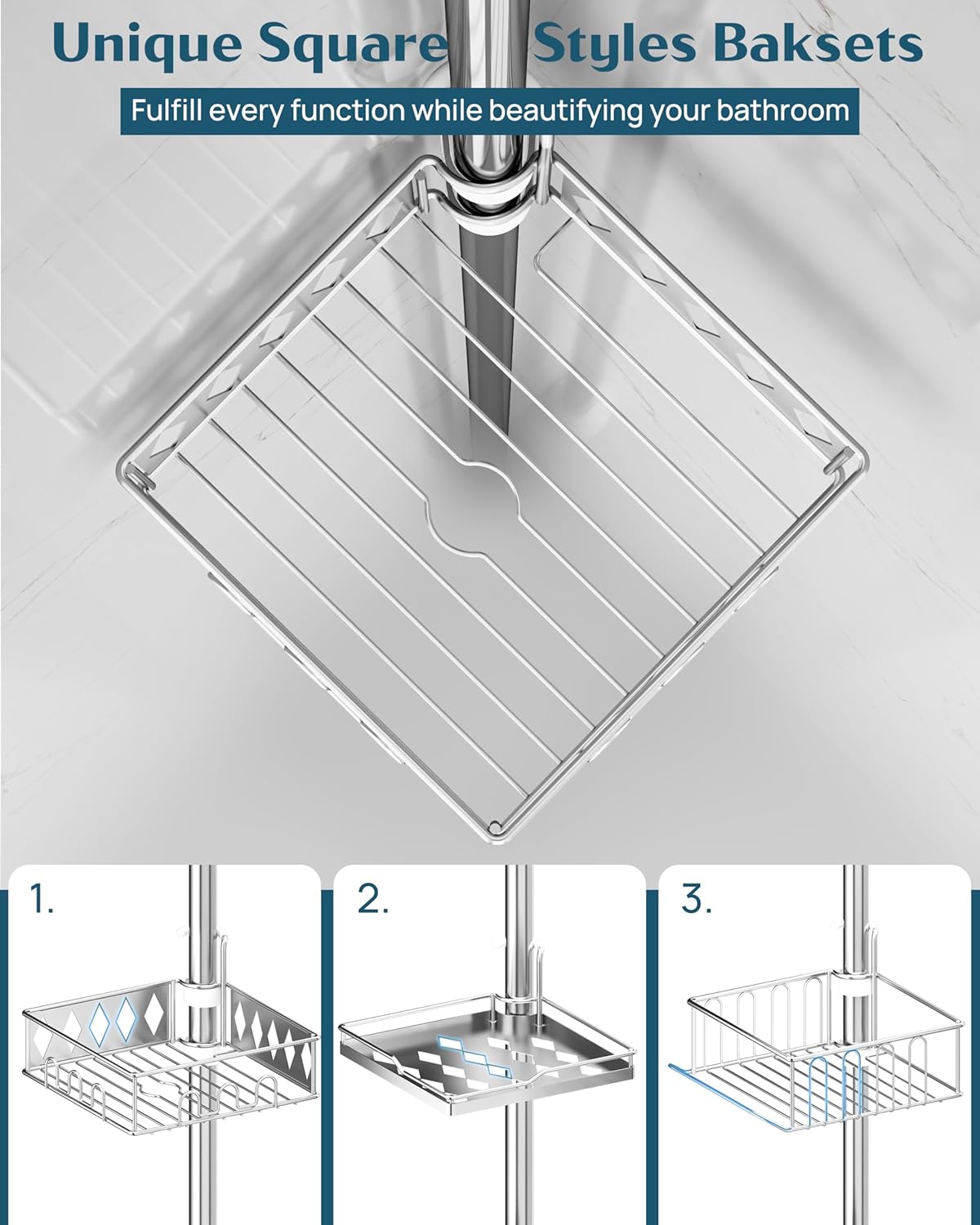 SElRIONE Corner Shower Caddy Tension Pole, Quick Setup, Rust-Free Bathroom Shower Organizer Corner for Bathtub Shampoo Storage, 4-Tier Adjustable Shelf, Drill Free, Fits 34 to 116 Inch Height