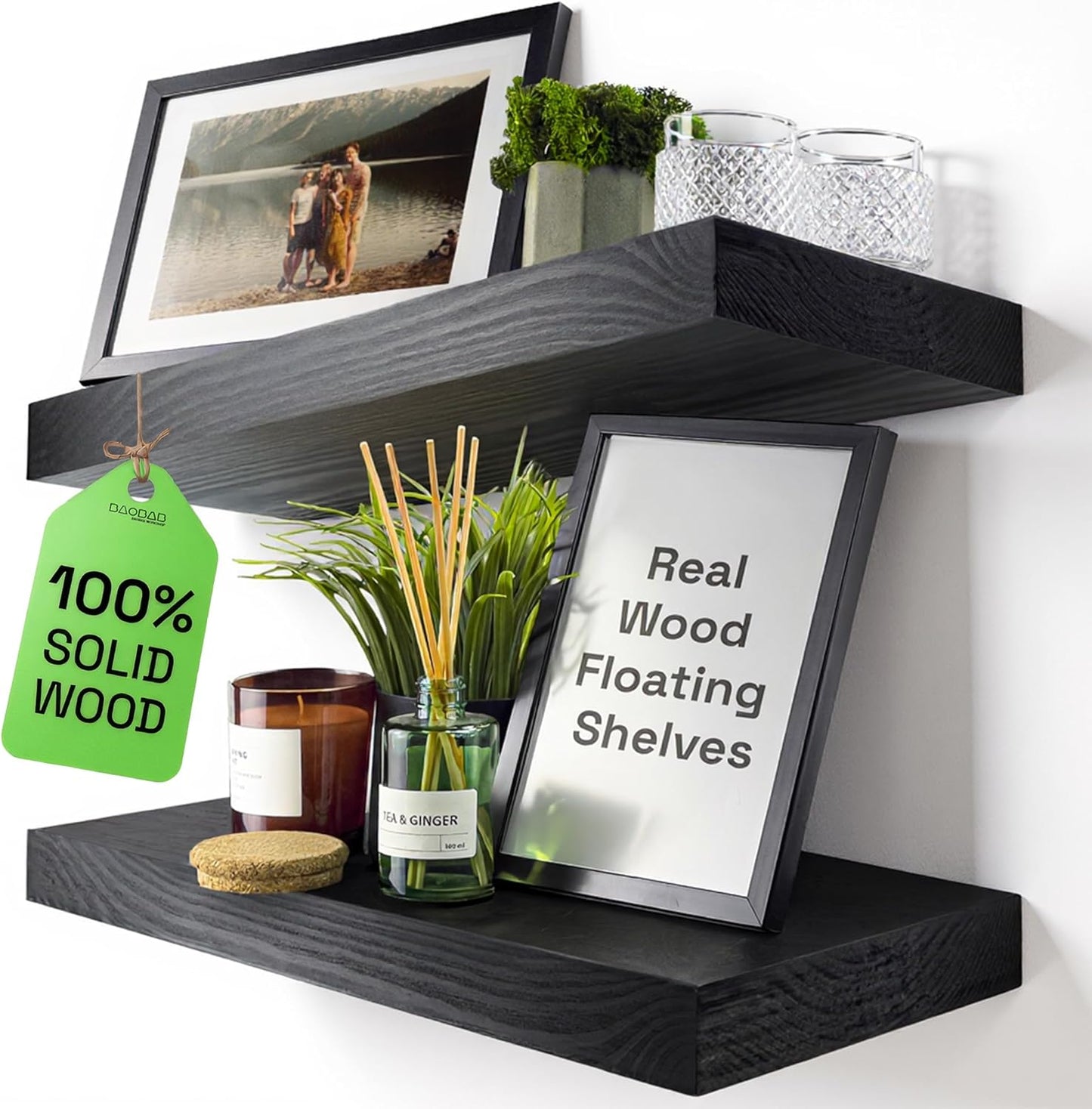 BAOBAB WORKSHOP Wood Floating Shelves Set of 2 - Rustic Shelf 24 inch - Floating Shelf for Wall Mounted - Wide Wooden Wall Shelves for Living Room Bedroom Kitchen Bathroom - Dark Walnut - 24W x 6.7D