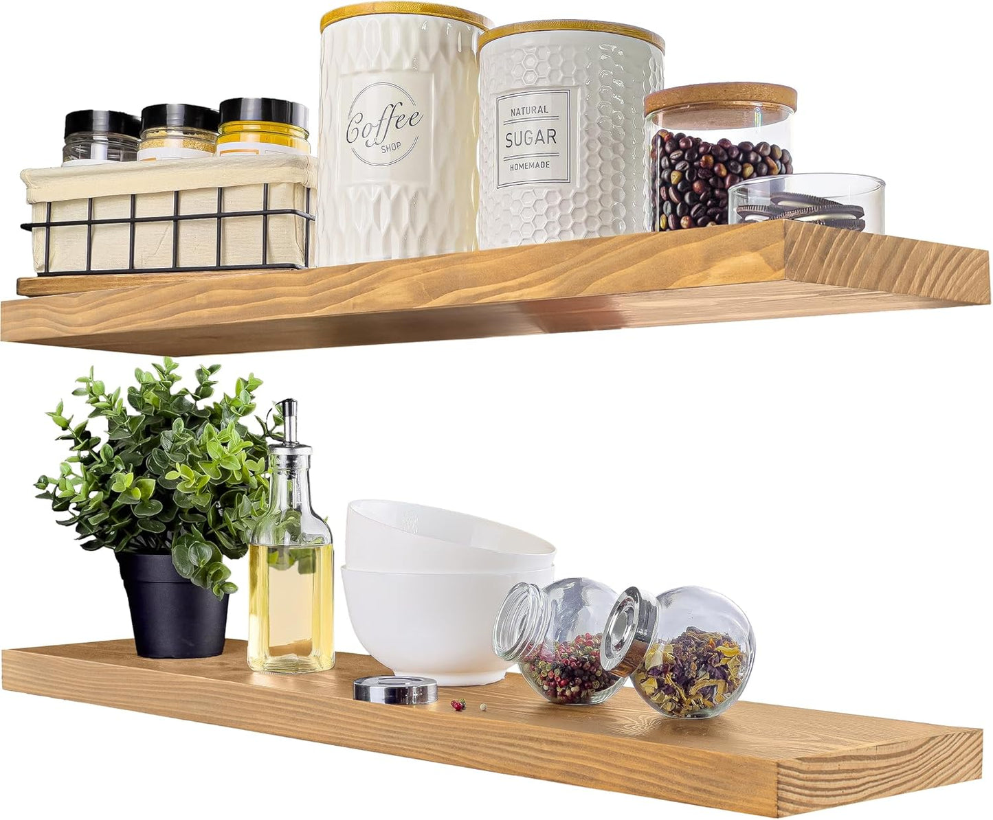 BAOBAB WORKSHOP Wood Floating Shelves Set of 2 - Rustic Shelf 24 inch - Floating Shelf for Wall Mounted - Wide Wooden Wall Shelves for Living Room Bedroom Kitchen Bathroom - Dark Walnut - 24W x 6.7D