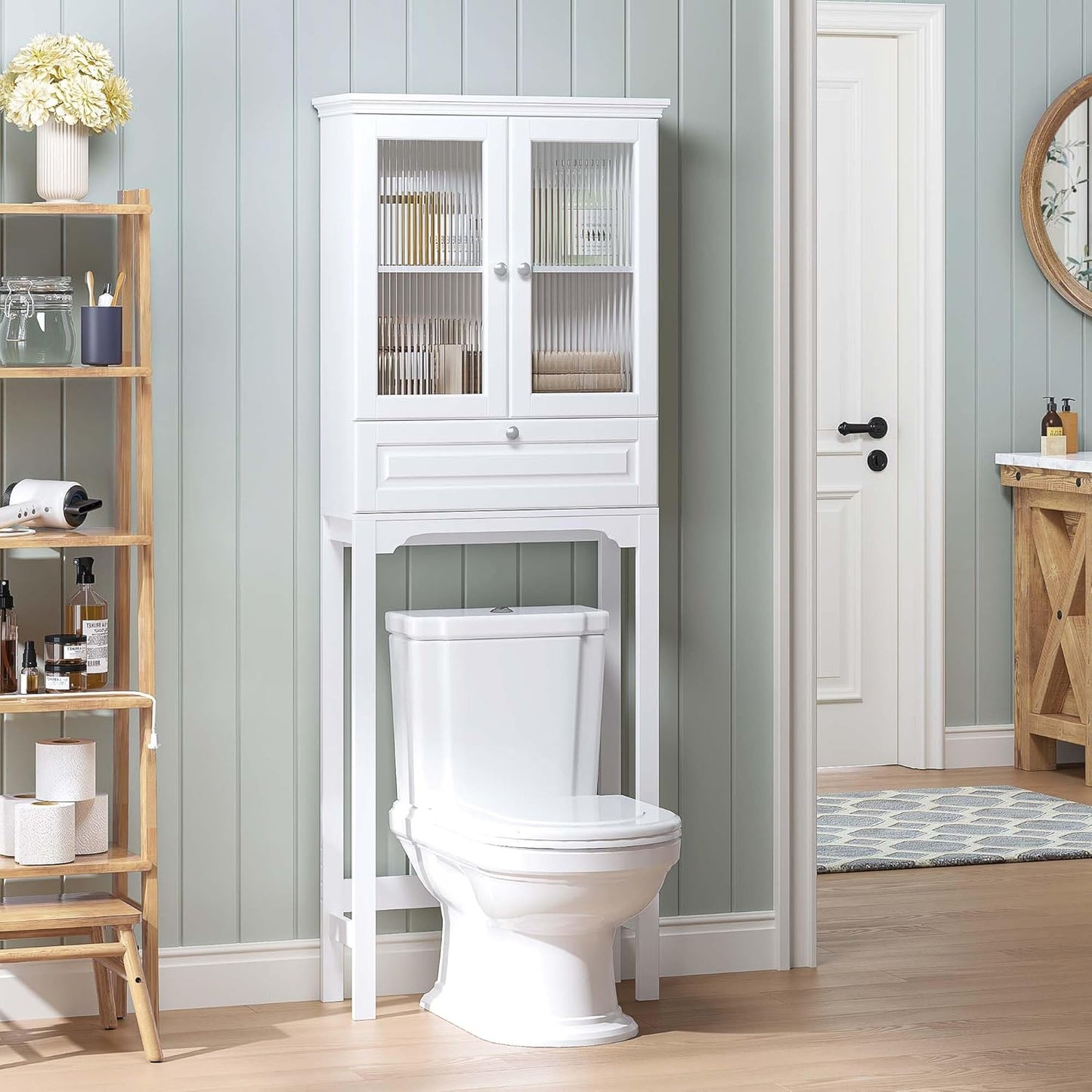 Spirich Over The Toilet Storage Cabinet with Muro Glass Doors, Over Toilet Bathroom Organizer with Tilt-Out Cube and Adjustable Shelf, White