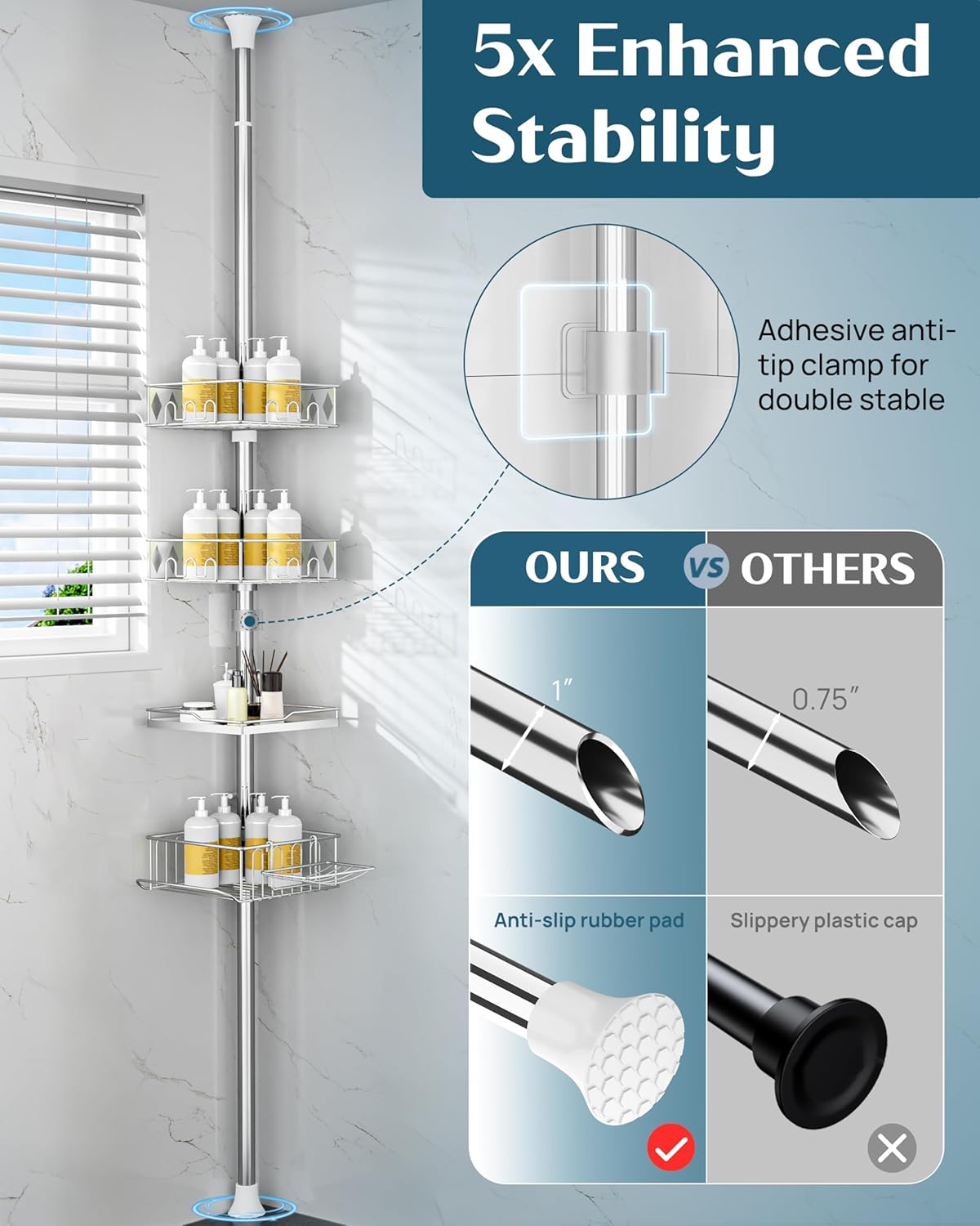 SElRIONE Corner Shower Caddy Tension Pole, Quick Setup, Rust-Free Bathroom Shower Organizer Corner for Bathtub Shampoo Storage, 4-Tier Adjustable Shelf, Drill Free, Fits 34 to 116 Inch Height