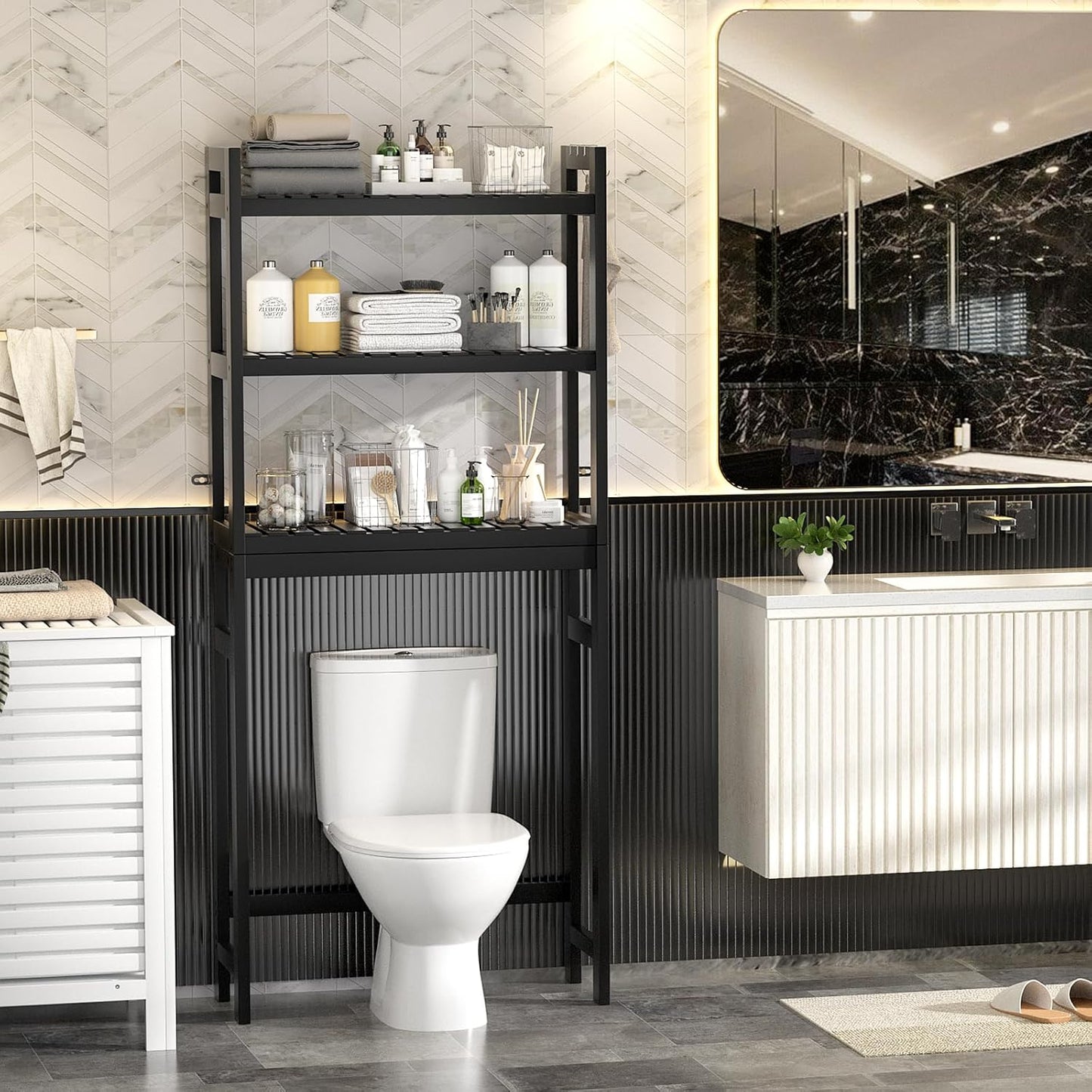 Homykic Bamboo Over The Toilet Storage Shelf, 3-Tier Above Toilet Storage Organizer Rack with 3 Hooks, Freestanding Bathroom Tower Shelf Unit for Small Space, No Rust, Easy to Assemble, Black