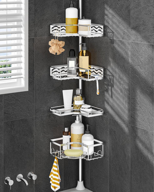 ALLZONE Corner Shower Caddy Tension Pole, Quick to Install, Easy to Adjust, Rust-Free Stainless Steel Shower Organizer Corner and Storage Shelves, Drill Free, Extends from 34 up to 116 Inch Tall
