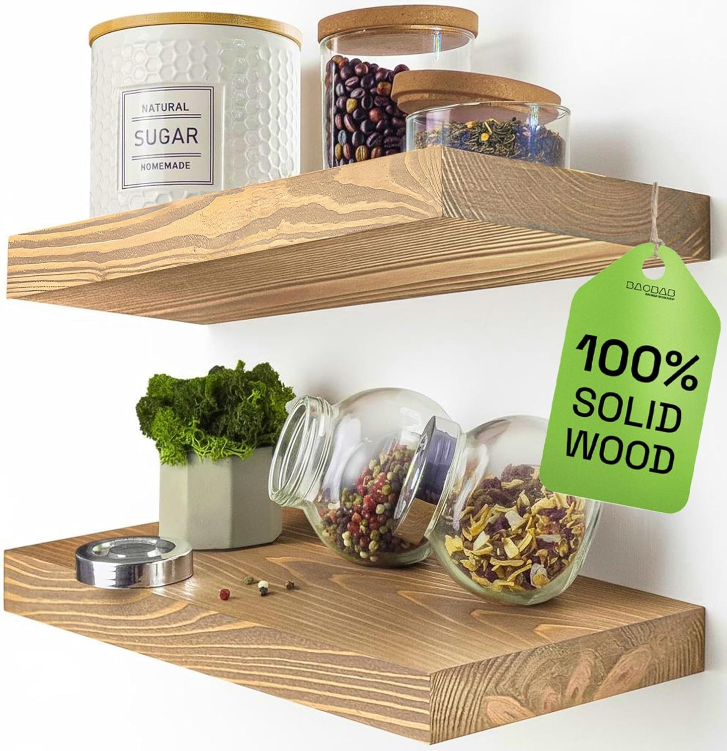 BAOBAB WORKSHOP Wood Floating Shelves Set of 2 - Rustic Shelf 24 inch - Floating Shelf for Wall Mounted - Wide Wooden Wall Shelves for Living Room Bedroom Kitchen Bathroom - Dark Walnut - 24W x 6.7D