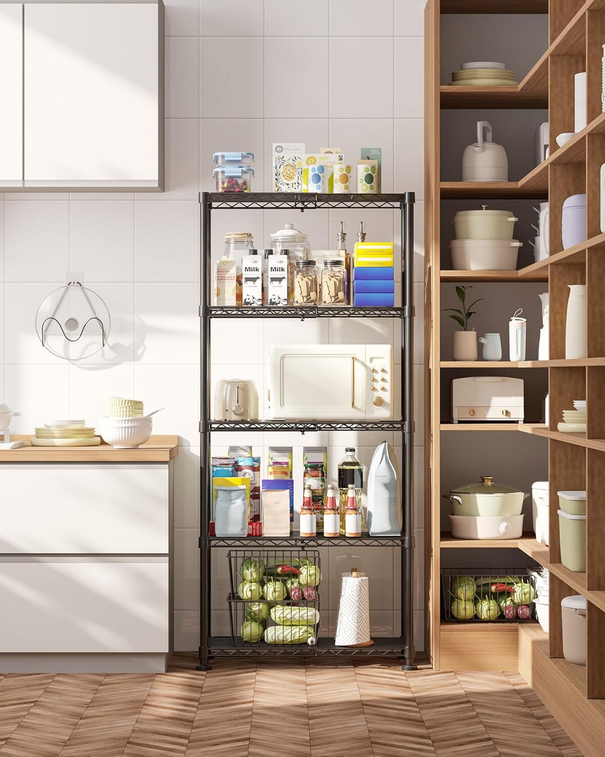 Storage Shelves - 5-Tier Width Expandable Shelf Organizer with Leveling Feet, Rust-Proof & Waterproof Wire Shelving Unit for Bedroom, Bathroom, Garage, 16.4"-27"×11.8"×60", Black